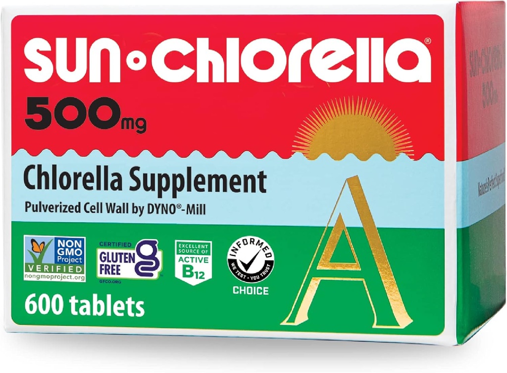 Sun Chlorella 500 mg Whole Body Wellness Green Algae Superfood Supplement - Immune Defense, Gut Health, Natural Purification, Energy Boost - Chlorophyll, B12, Iron, protein - Non-GMO - 600 Tabletler