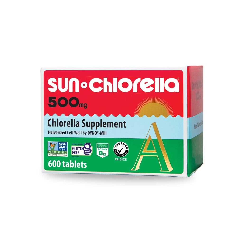 Sun Chlorella 500 mg Whole Body Wellness Green Algae Superfood Supplement - Immune Defense, Gut Health, Natural Purification, Energy Boost - Chlorophyll, B12, Iron, protein - Non-GMO - 600 Tabletler