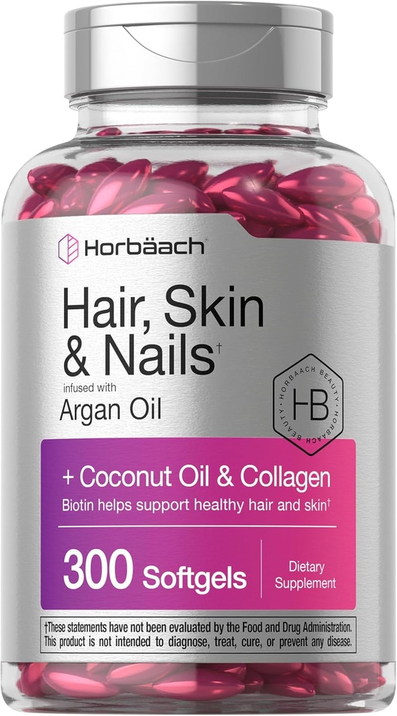 Horbäach Hair Skin ve Nails Vitaminleri | 300 Softgels | Biotin ve Collagen ile | Argan Oil ve Coconut Oil ile Infüzyon | Non-GMO, Gluten Free Supplement