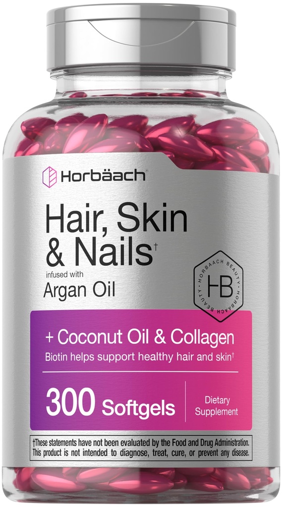 Horbäach Hair Skin ve Nails Vitaminleri | 300 Softgels | Biotin ve Collagen ile | Argan Oil ve Coconut Oil ile Infüzyon | Non-GMO, Gluten Free Supplement