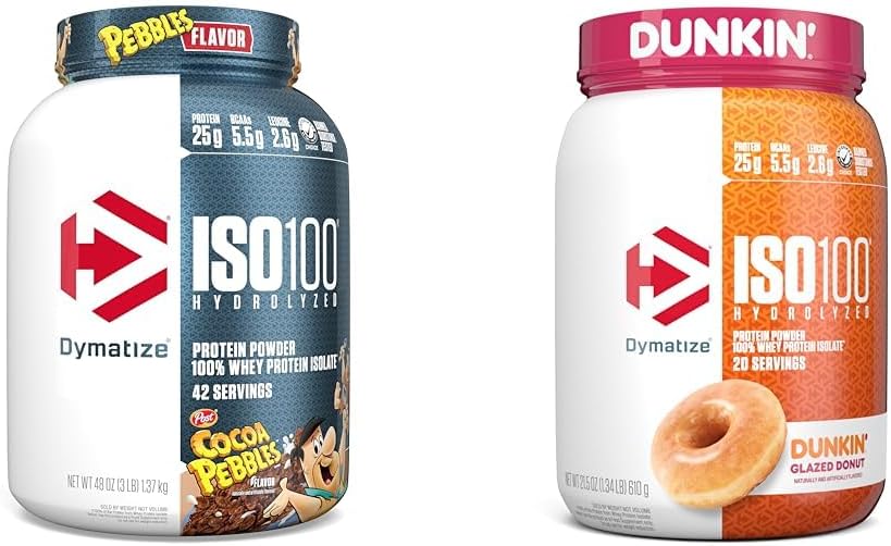 Dymatize ISO100 Hydrolyzed Protein Powder, 100% Whey Isolate, 25g Protein, 5.5g BCAAs & ISO100 Hydrolyzed Protein Powder, 100% Whey Isolate, Dunkin' Glazed Donut Flavor