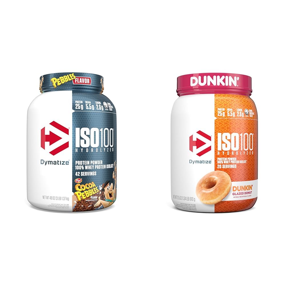 Dymatize ISO100 Hydrolyzed Protein Powder, 100% Whey Isolate, 25g Protein, 5.5g BCAAs & ISO100 Hydrolyzed Protein Powder, 100% Whey Isolate, Dunkin' Glazed Donut Flavor