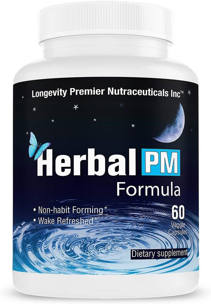 Longevity Herbal PM - Herbal Sleep Formula Formula 5htp, melatonin, Valerian & GABA. 60 Veggie Capsules