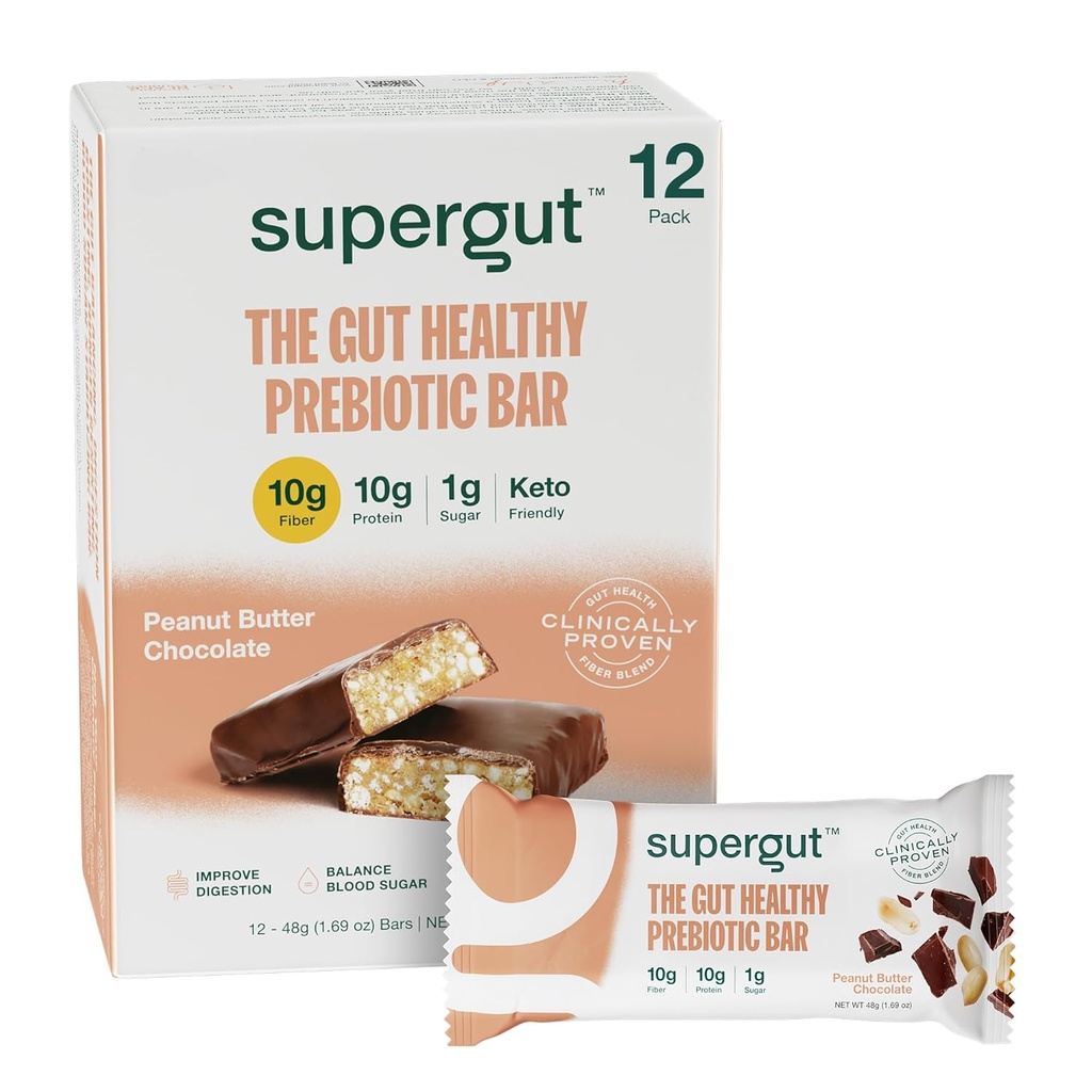Supergut GLP-1 Boosting Prebiyotik Bars, Peanut Butter Chocolate - Sağlıklı Protein Snacks & Kahvaltı Bars - Blu-Friendly Meal Change Energy Bars for Gut Health (12 Count)