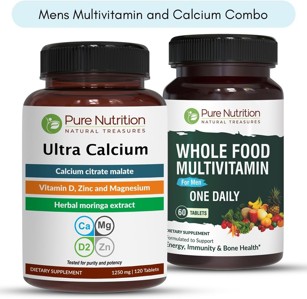 Pure Nutrition Ultra Calcium 1000mg και Whole Foods Mens Multivitamins 1500mg για υγιή οστά, αρθρώσεις και συνολική ευεξία. Ultra Calcium 90 Tabs + Mens Πολυβιταμίνες 60 Tabs.