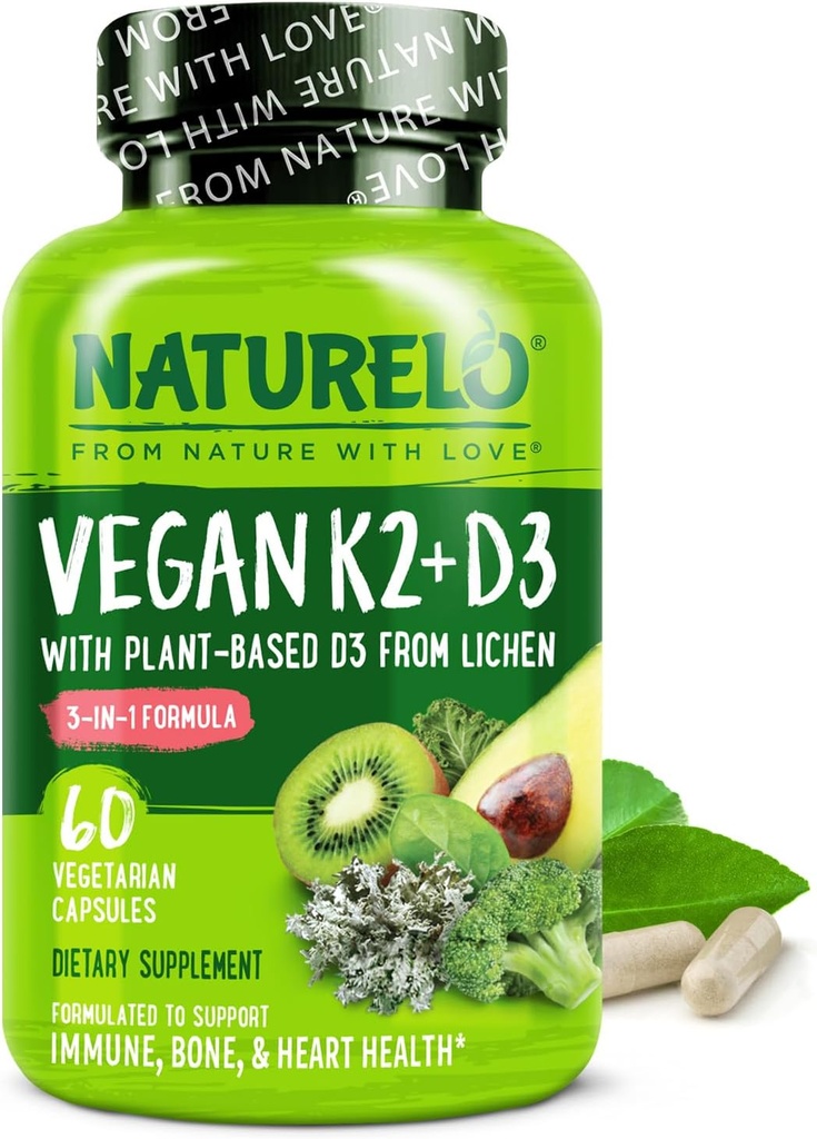 NATLO Vitamin D3 K2 - Vegan K2+D3, Lichen - Natural D3 Supplement for Immune System, Bone Support, Heart Health - Whole Food - Non-GMO - Gluten Free, 60 Capsules