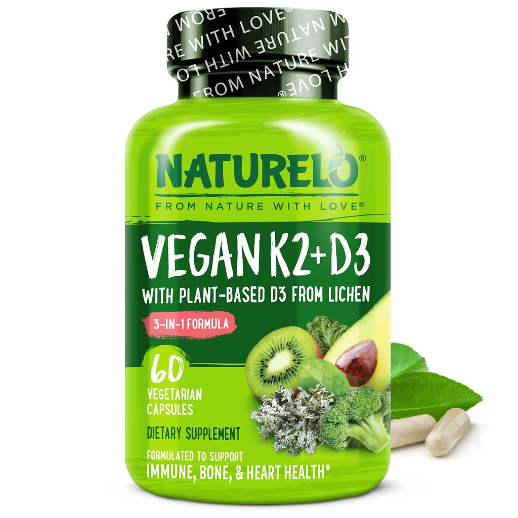 NATURELO Βιταμίνη D3 K2 - Vegan με βάση το φυτό D3 από τη Lichen - Φυσικό συμπλήρωμα για το ανοσοποιητικό σύστημα, την υποστήριξη των οστών, την υγεία της καρδιάς - ολόκληρα τρόφιμα - μη ΓΤΟ - Χωρίς γλουτένη, 60 κάψουλες