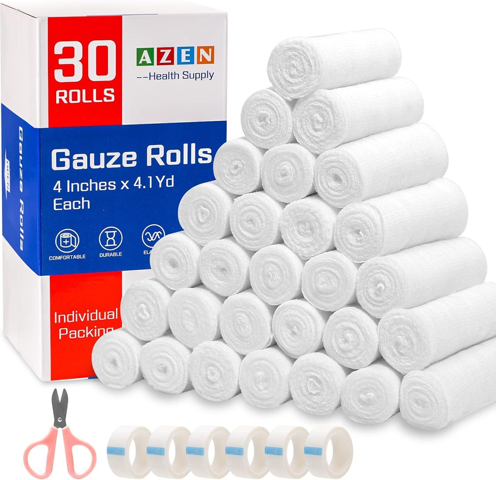 AZEN 30 Pack Gauze Rolls Bandages, 4 x 4.1 Yards, Premium Tıbbi Malzemeler ve İlk Yardım Malzemeleri, Bandage Bravo Vet roll, Mummy