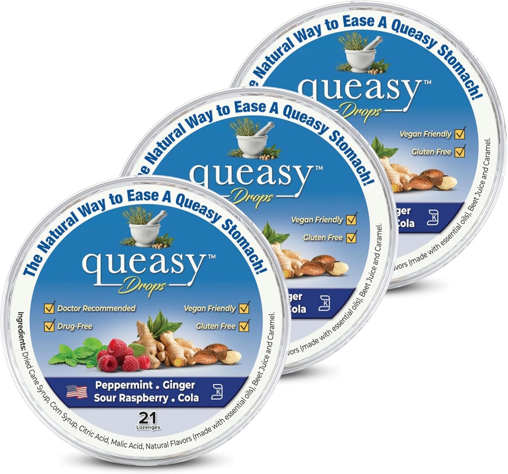 Τρεις Lolies Queasy Drops - Ανακούφιση από Nausea & Travel Ασθένεια - Ανακουφίζει ένα ξηρό στόμα και τακτοποιεί το στομάχι - Φυσικά συστατικά - 4 Γεύσεις - 21ct (πακέτο των 3)