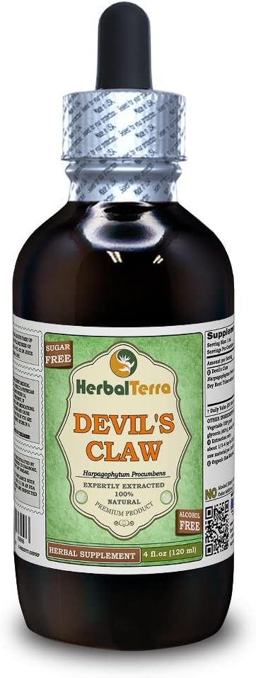 Devil's Claw (Harpagophytum Procumbens) Glycerite, Organik Kuru Kök Alkol Özgür Sıvı Ekstraksiyon (Brand Name: HerbalTerra, Proudly Made in USA) 4 fl.oz (120 ml)