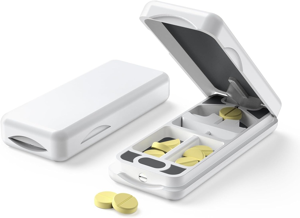 Auto Centering Device ile Pill Splitter with 316L paslanmaz Blade, Real Deri Case, Profesyonel Pill Splitter for Cut Small Pills or Large Pills (Plastik, White)