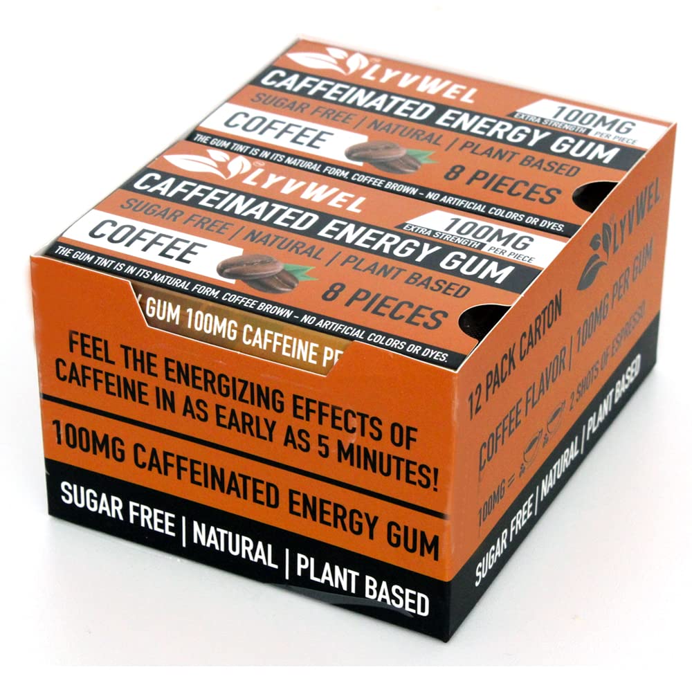 LyvWel Energy Gum | 100 mg Caffeine per gem | All Natural | Sugar-Free Pre-Workout Boost: Your Essential Energy Supplement to Stay Awake- Mirror 12 paketi (Coffee-12 Pack)