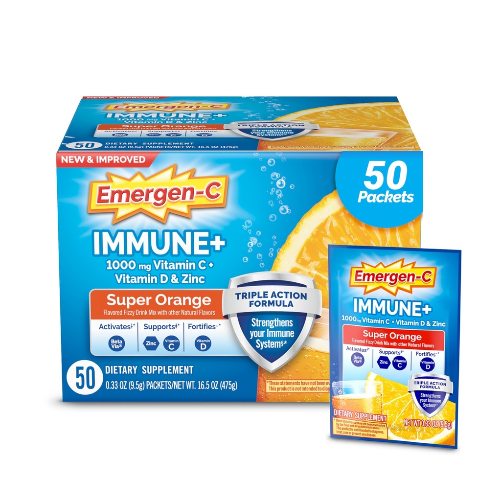 Emergen-C Immune+ Triple Action Immune Support Powder, BetaVia (R), 1000mg Βιταμίνη C, Β Βιταμίνες, Βιταμίνη D και Αντιοξειδωτικά, Super Orange, Επιστροφή στο Σχολείο Απαραίτητα – 50 Count