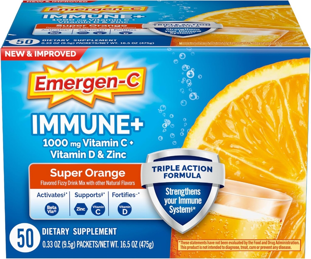 Emergen-C Immune+ Triple Action Immune Support Toz, BetaVia (R), 1000 mg C, B Vitaminleri, D ve Antioksis, Super Orange, Back to School Essentials - 50 Kont