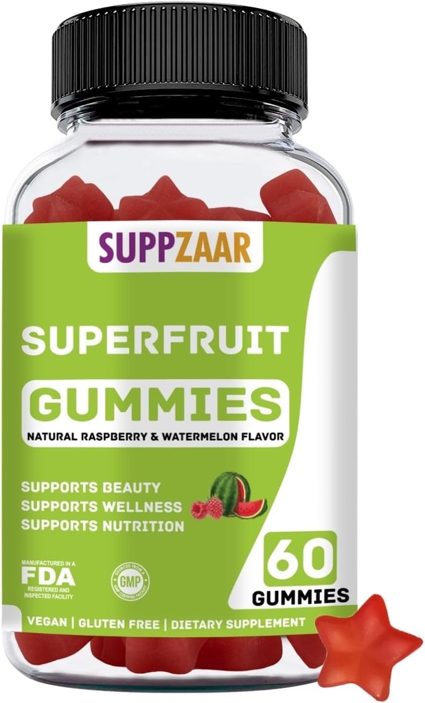 Vegan Superfruit Gummy Βιταμίνες. Superfruit Gummies w/Vitamin A C E οργανική πυριτία. Superfruit για Collagen Formation, Beauty & Glow. Με βάση φυτά, μη ΓΤΟ, Χωρίς γλουτένη, Χωρίς ζελατίνη. 60 CT