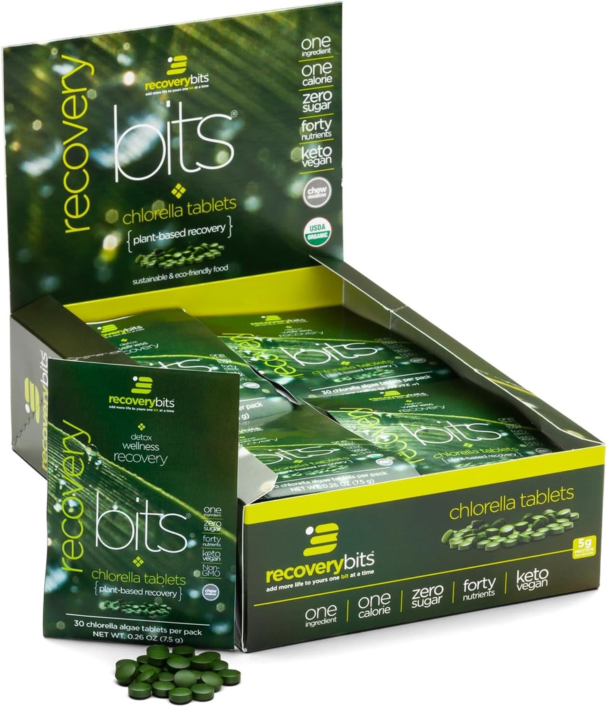 RECOVERYbits - Organik Chlorella Tabletler - Plant-Based Algae Superfood - Chlorophyll - Cracked Hücre Duvar - Enerji - Immune System - Detox - DW - Vegan - Non-GMO - Box of 30 Pouches - 900 Tabletler
