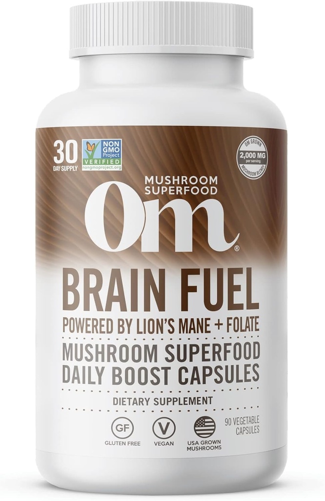 OM MUSHROOM SFOOD Beyin Yakıtı Mushroom Toz Capsules Superfood Supplement, 90 Kont, 30 Gün, Aslan'ın Mane, Reishi Blend Plus Folate, mental Clarity, Mushroom Supplement