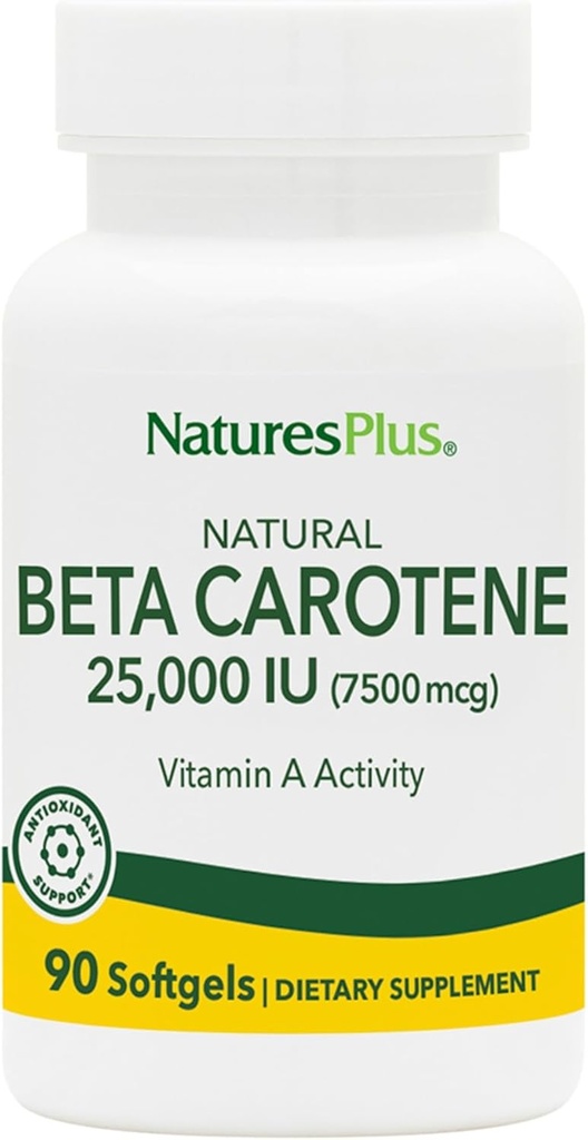 Natures Plus Natural Beta Carotene - 25.000 iu Vitamin A & Vitamin E, 90 Softgels - Eye Supplement, Antioksi, Aids in Free Radikal & Natural Cellular Defense - Gluten-Free - 90 Hizmetler