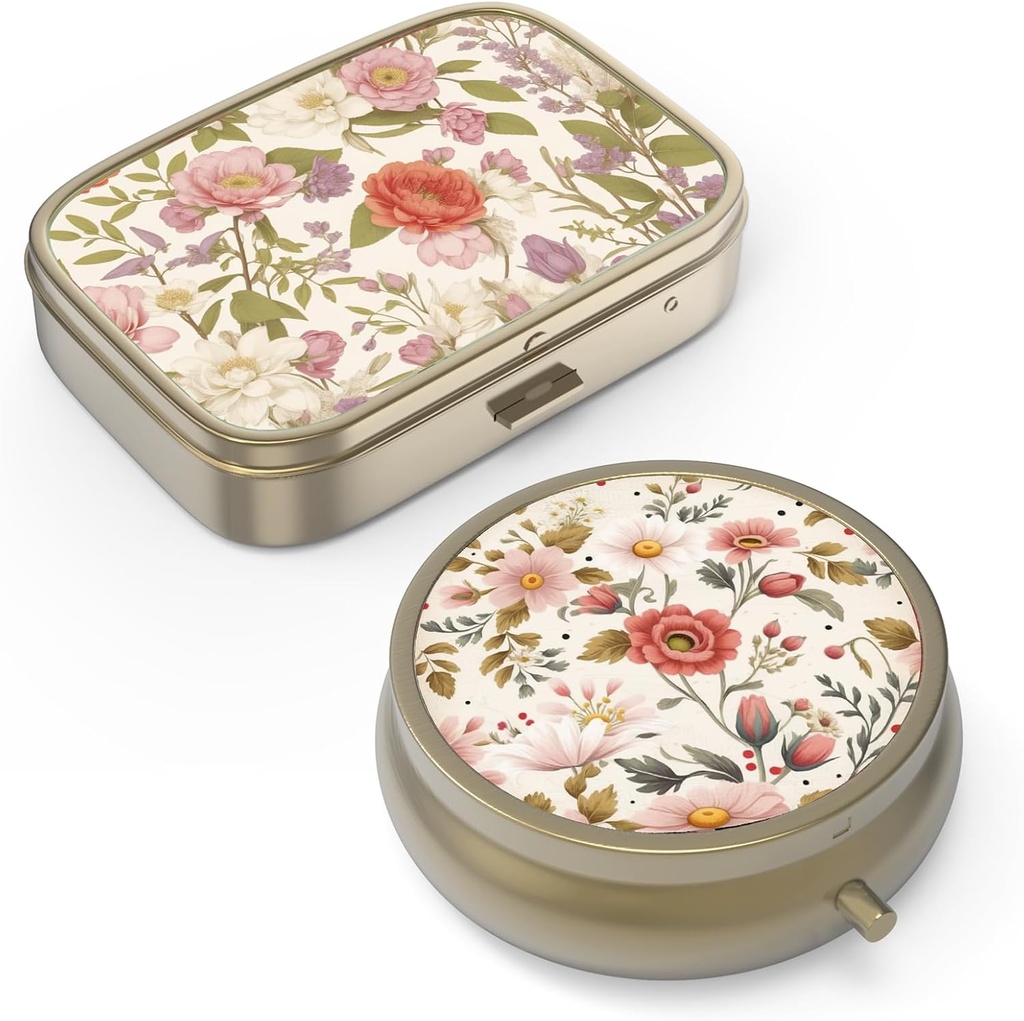 Χάπια Organizer Pill Box με καθρέφτη Retro μικρή θήκη χάπι για Purse ή Pocket Bronze Pill Box ή Βιταμίνες, Fish Oil, Συμπληρώματα, Pill Containe Travel Gifts (2PCS-Retro Red Flowers)