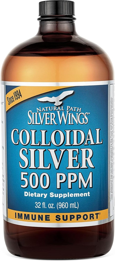Natural Path Silver Wings Colloidal Silver 500ppm (2,500mcg) Immune Support Supplement 32 fl. oz.