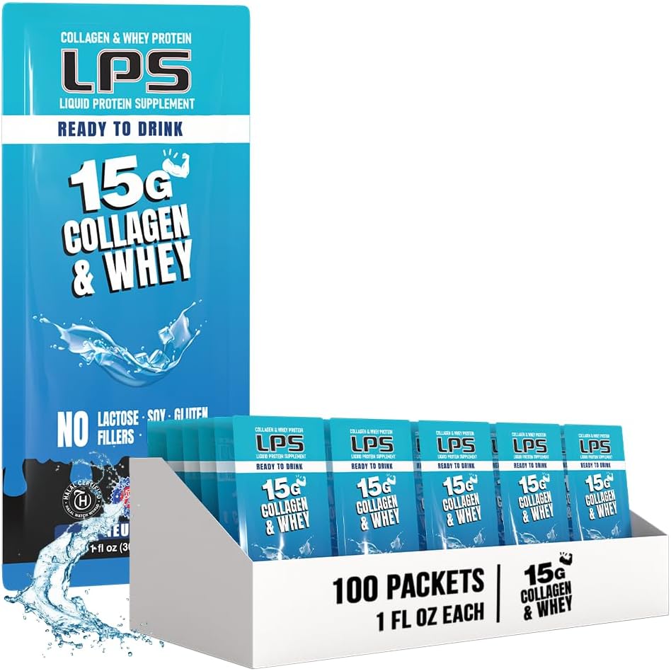 LPS Liquid Collagen & Whey Protein Supplement - Μη-GMO Drink, Sugar-Free - Προάγει το υγιές δέρμα & τα μαλλιά για άνδρες & γυναίκες, Ουδέτερη, Ενιαία Σερβίρισμα (100 πακέτα)