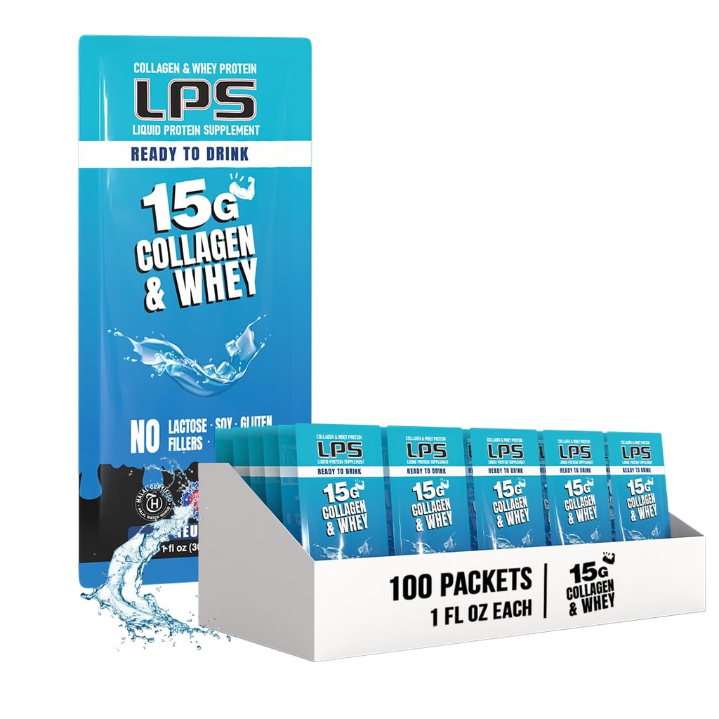 LPS Liquid Collagen & Whey Protein Supplement - Non-GMO Drink, Sugar-Free - Erkekler ve Kadınlar için Sağlıklı Cilt & Saç, Neutral, Single Serve (100 Packets)