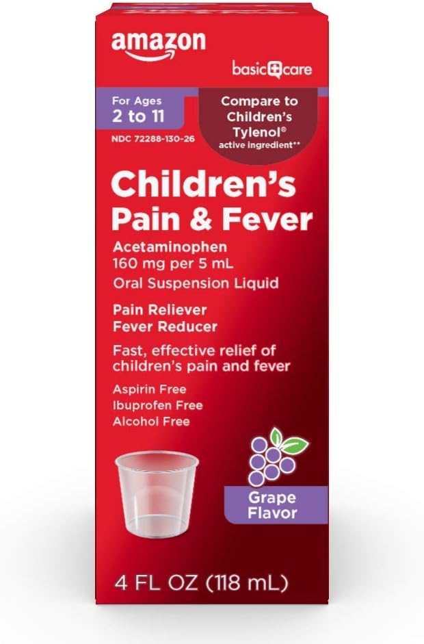   Basic Care Children's Acetaminophen 160 mg per 5 mL Oral Suspension, Grape Flavor, Pain Reliever and Fever Reducer for Headache, Sore Throat and Toothache, 4 fl oz (Pack of 1)