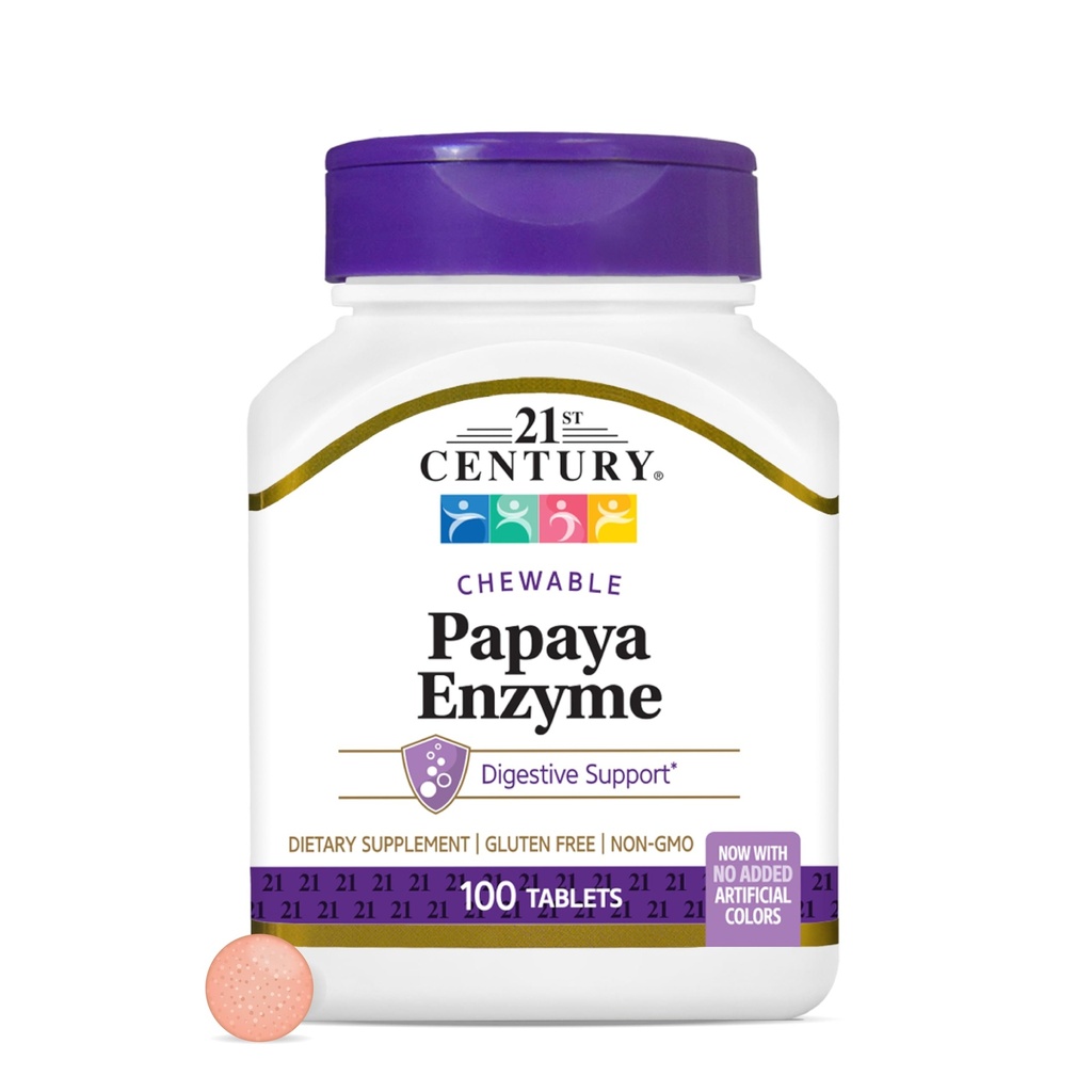 21. Yüzyıl Papaya Enzyme Chewable (100 Kont), Papaya & Pineapple Digestive Enzymes for Gut Health, Tropikal Flavor, Non-GMO, Gluten-Free, Nodrew Salt, Yapay Flavors