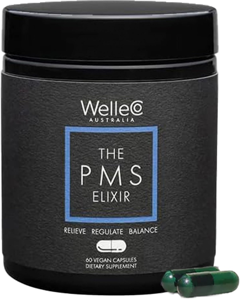 WelleCo Το PMS Elixir Προεμμηνορροϊκό συμπλήρωμα υποστήριξης για τις γυναίκες, μαγνήσιο και Ashwagandha κάψουλες με σίδηρο, ιώδιο, Μπρόκολο, Vitex, Chromium & B Βιταμίνες, Vegan & Gluten Free, 60 κάψουλες