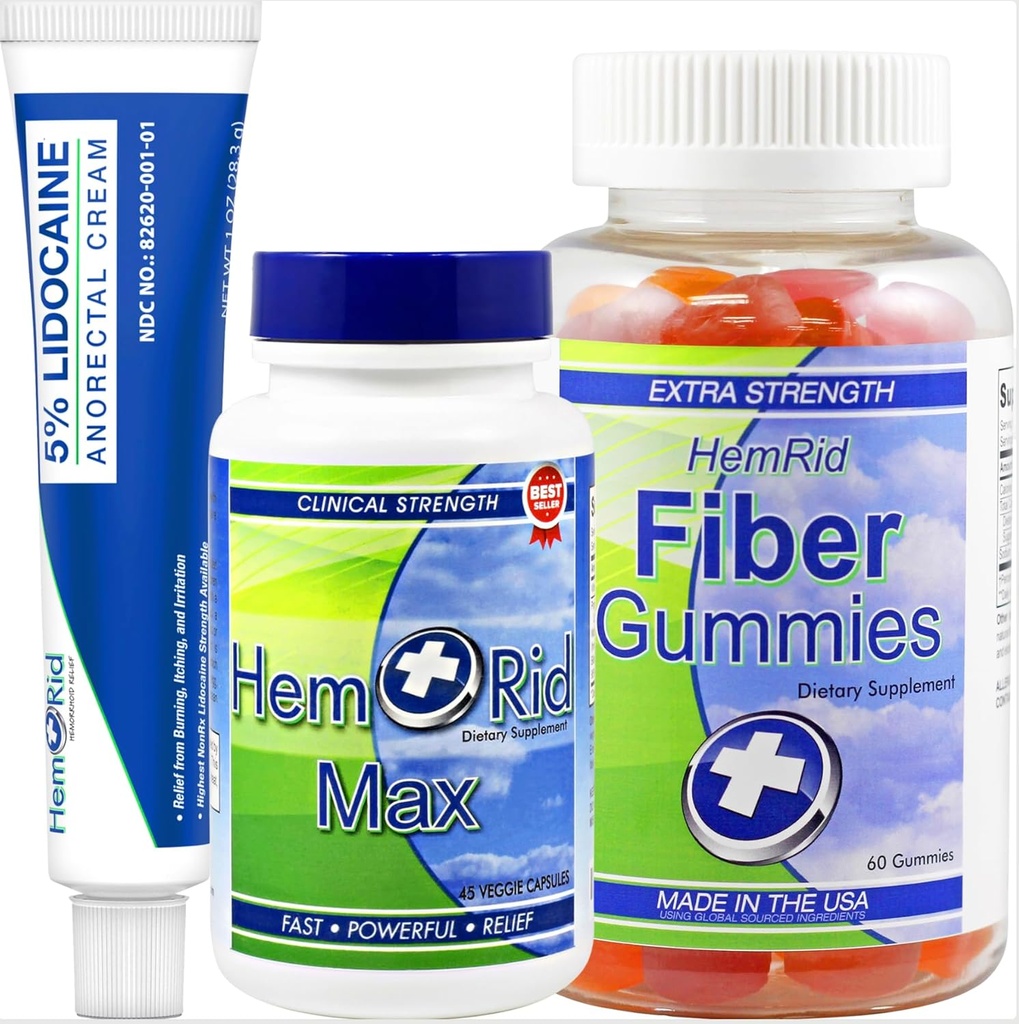 HemRid Complete Hemorrhoid Σύστημα Υποστήριξης – Max Formula, Lidocaine Cream & Fiber Gummies για Άμεση Ανακούφιση & Long-Term Comfort