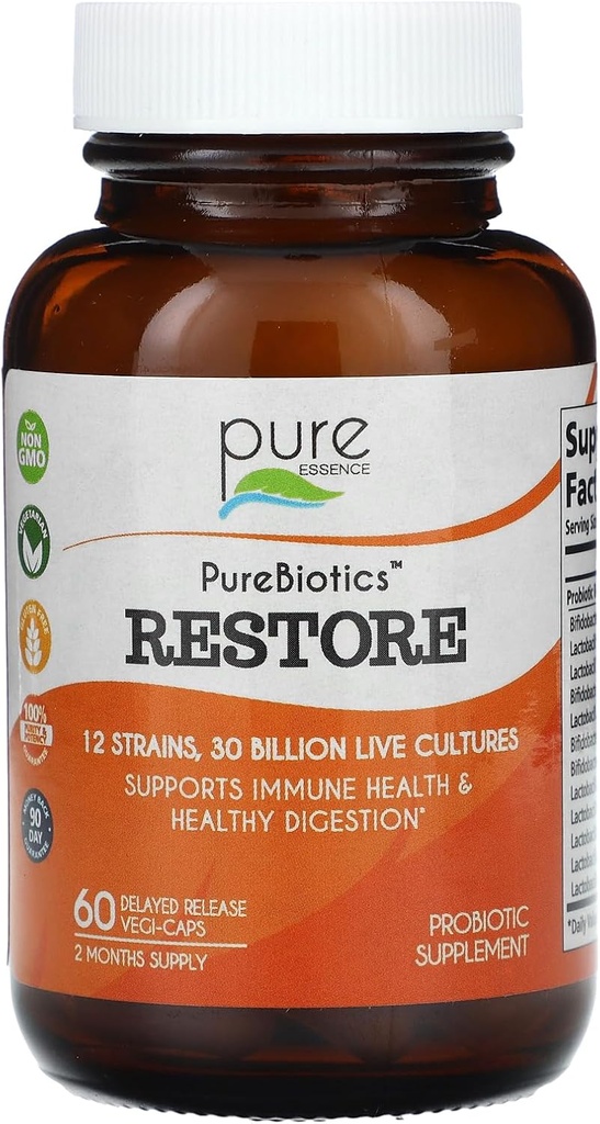 PURE ESSENCE LABS Restore Probiyotik Supplement 30 Milyar CFU - Erkekler ve Kadınlar için Probiyotikler - Immune Support and Digestive Health - Natural Support for Relief of Constipation (60 Caps)