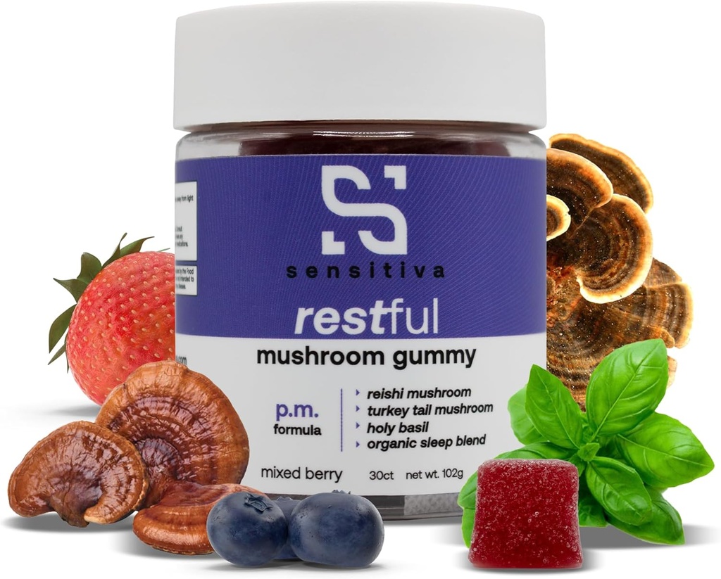 Hassas Mushroom Gummies P.M. Formula - Reishi & Türkiye Tail Mushroom Supplement Gummies, Mushroom Gummies For Sleep, Relaxation & Stress Relief (Mixed Berry P.M. Formula)