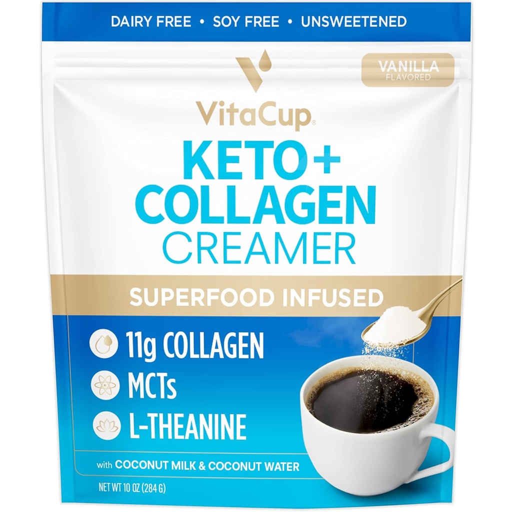 VitaCup Keto + Κρέμα καφέ κολλαγόνου Βανίλια Γεύση με MCT, Πρωτεΐνες κολλαγόνου, Νερό καρύδας, L-Θεανίνη για τη διατροφή του Κέτο, Χρήση σε Καφέ, Smoothies, & Shakes, Χωρίς γαλακτοκομικά, Χωρίς γλουτένη, Χωρίς σόγια, 10oz