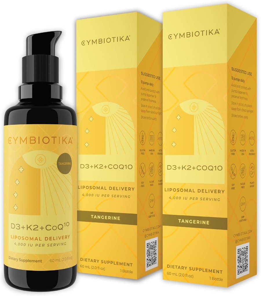 CYMBIOTIKA Vitamin D3 + K2 + CoQ10 Sıvı, Immune Desteği için D Supplement, Heart Health & Bone Health, Energy Branson, Liposomal Delivery, Vegan, Tangerine Flavor, 2pck (4.0 fl oz.)