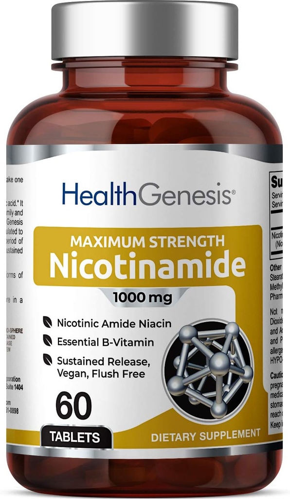 B-3 Nicotinamid 1000 mg 60 Tabs Ekstra Güçlü Yavaş Yayın - Doğal Flush-Free Vitamin Formula | Gluten-Free Nicotinic Amide Niacin | Destekler Skin Health | Hücre Onarım Desteği