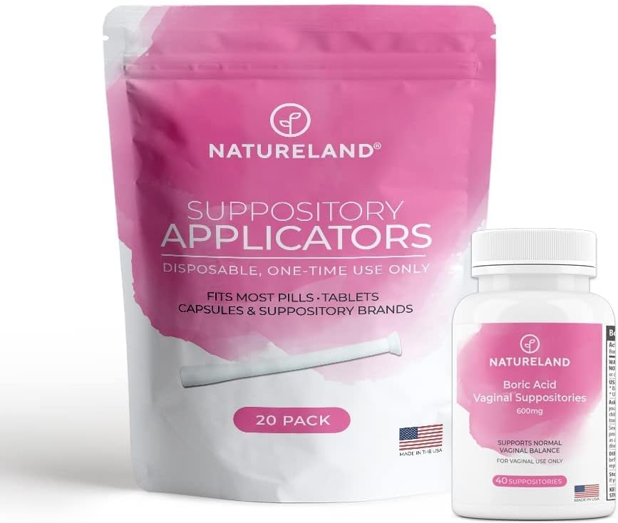 Natureland [40 Kont Boric Acid Suppositories 600 mg w/ [20 Pack] Vaginal Applicator - Feminine Care