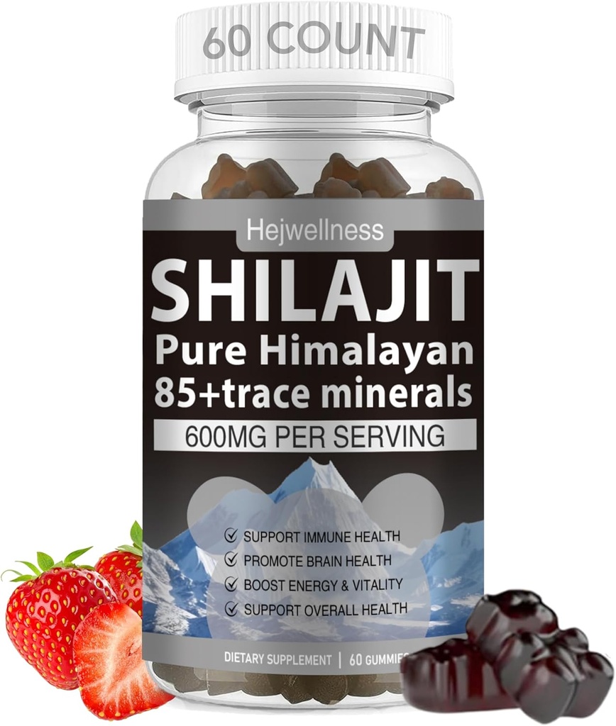 Shilajit Gummies - 600 mg Φυσικό Βιολογικό Shilajit Resin με 85+ Ανιχνευτικά Ορυκτά, Φουλβικά Οξέα & Φυτοθρεπτικά συστατικά - Γεύση Φράουλας - για Ενέργεια, Ανοσοποιητική Υποστήριξη - 60 Gummies, 1 Μήνας Προμήθεια