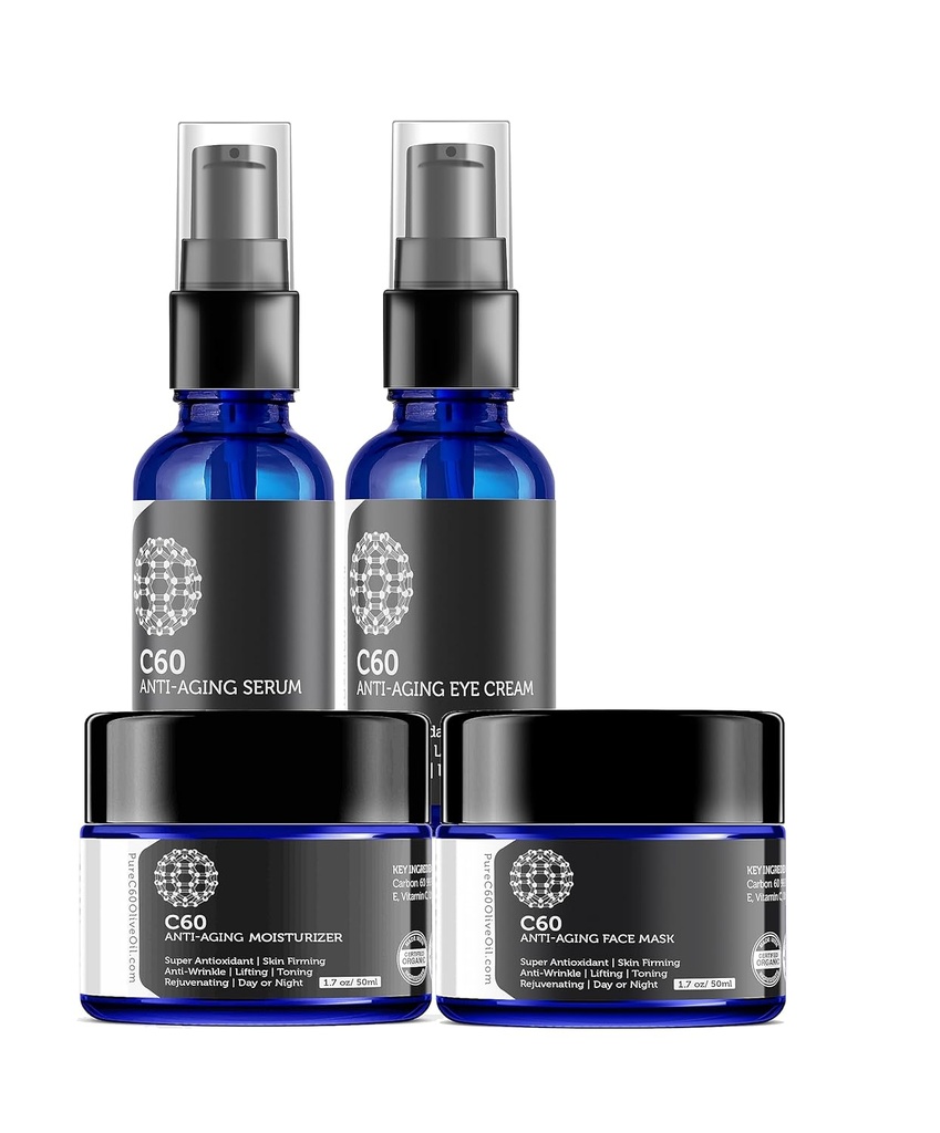 C60 Complete Skin Care Solution - Ενυδατικό κατά της γήρανσης, Μάσκα, Κρέμα ματιών και ορός με Ανθρακικό 60 Superantioxidant - Φωτιστικό για Σκοτεινές κηλίδες, Ακόμα και τον τόνο του δέρματος, Περιοχή ματιών, Καλές Γραμμές & ρυτίδες