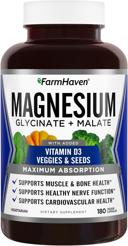 FarmHaven Magnesium Glycinate & Malate Complex w/Vitamin D3, 100% Chelated for Max Απορρόφηση, χορτοφάγοι – Υγεία των οστών, νεύρα, μύες, 180 κάψουλες, 90 ημέρες