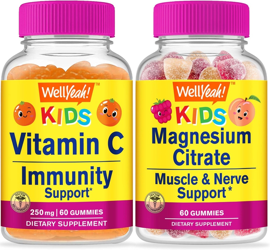 Evet C Çocuklar + Magnezyum Citrate Kids, Gummies Sche - Great Tasting, Vitamin Supplement, Gluten Free, GMO Free, Chewable Gummy Gummy