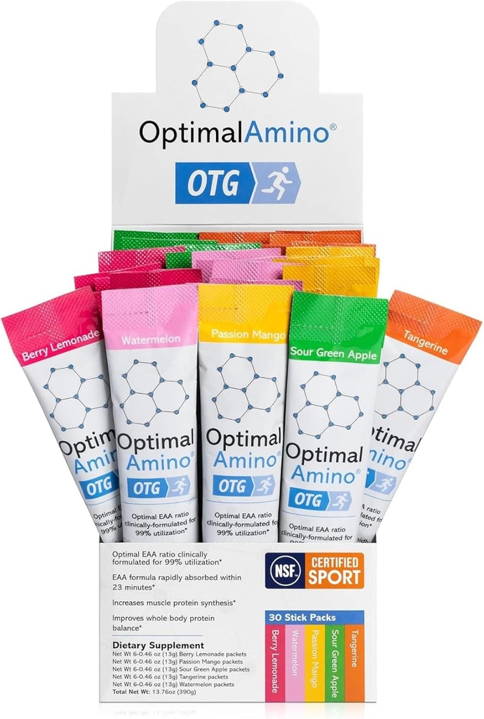 OptimalAmino OTG Stick Packs, 5 Flavor Çeşitli Kutu (30 Kont),% 99 Utilized Essential replica (EAA) Tamam, Kas Recovery, Vegan/Keto Pre /Post Workout, NSF Spor için sertifikalı