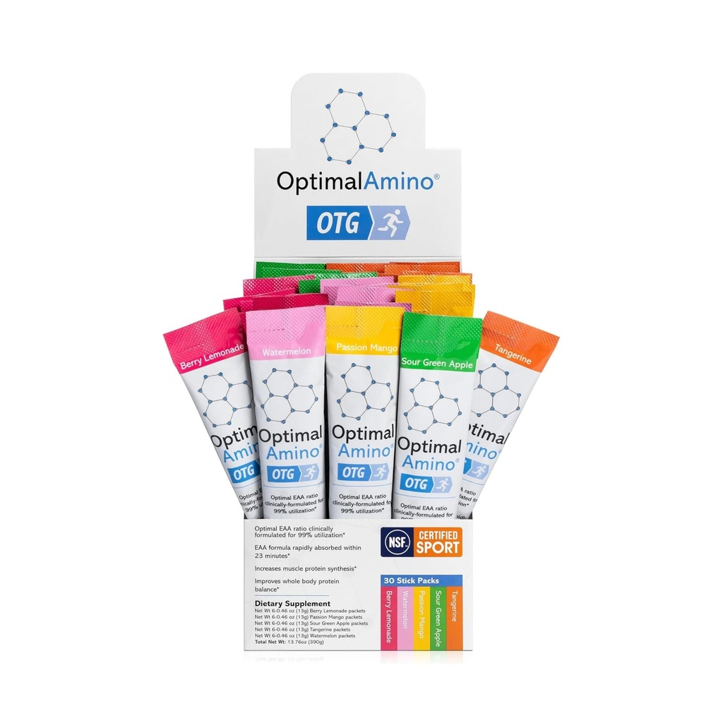 OptimalAmino OTG Stick Packs, 5 Flavor Çeşitli Kutu (30 Kont),% 99 Utilized Essential replica (EAA) Tamam, Kas Recovery, Vegan/Keto Pre /Post Workout, NSF Spor için sertifikalı
