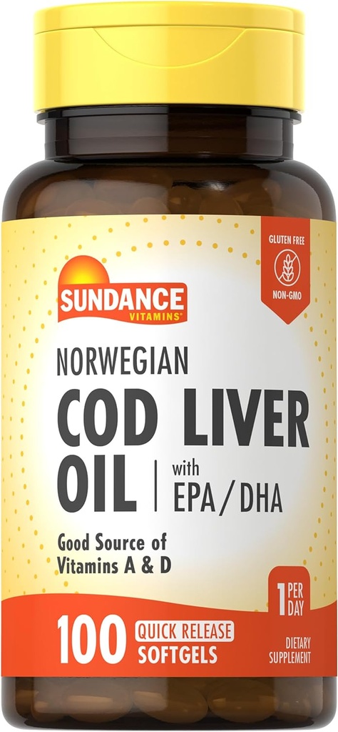 Sundance Norveç Cod Liver Oil | 100 Softgels | EPA ve DHA ile | Vitaminlerin İyi Kaynağı A & D | Non-GMO ve Gluten Free Supplement