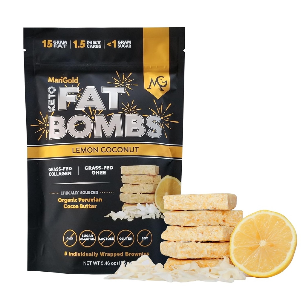 MariGold Keto Fat Βόμβες - Λεμόνι καρύδα - χαμηλή υδατάνθρακες, κολλαγόνο πλούσια, χόρτο-ταΐστε Ghee, βιολογικό βούτυρο κακάο, χωρίς γλουτένη, μη GMO (1 τσάντα, 5 σερβιέτες)