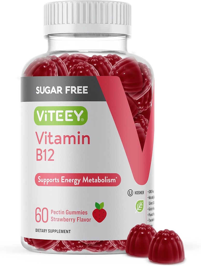 Viteey Vitamin B12 Gummies for Adults & Teens 1000mcg, Sugar Free - Good for Energy, Metabolism, Natural Energy Support - Vegan, Gelatin Free, Gluten Free, GMO Free - Chewable Strawberry Flavored