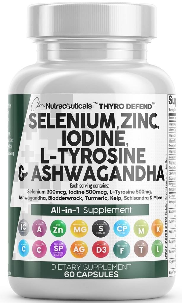 Temiz Nutra Selenium 30006 Iodine 50006 Yourroid Support for Women & Men | L Tyrosine 500 mg Ashwagandha Supplement Bladderwrack, Turmeric, Kelp, Schisandra çinko Pills Capsule Supplements