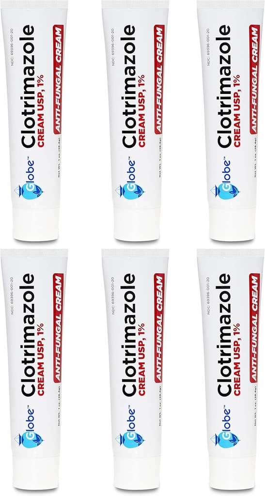 Globe (6 Pack) Clotrimazole Antifungal Cream 1% USP, 1 oz, Anti Fungal Treatment, Relieves Itching, Burning, Cracking and Scaling Associated Athletes Foot, Jock Itch, Ringworm and More