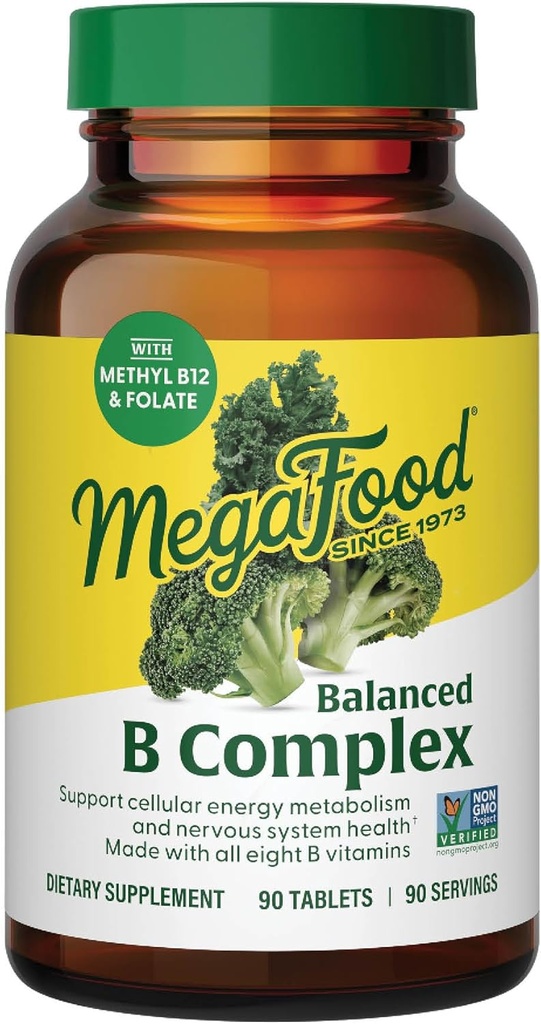MegaFood Balanced B Complex - B Complex Vitamin Supplement, 8 Β Βιταμίνες Συμπεριλαμβανομένης της βιταμίνης Β6, Βιταμίνη Β12, Φολικό, Βιοτίνη & Περισσότερα, Υποστηρίζει Κυτταρική Παραγωγή Ενέργειας, Vegan, Χωρίς Γλουτένη - 90 Δισκία