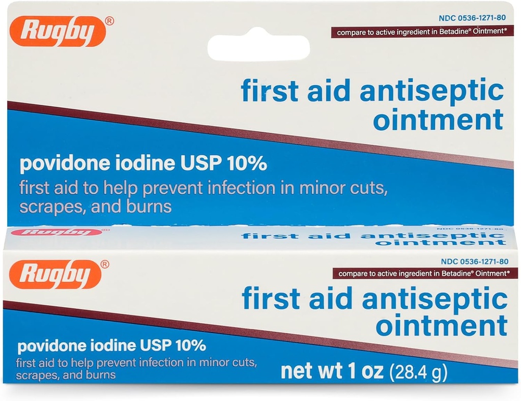 Rugby First Aid Antiseptic Ointment, Povidone Iodine USP 10% Επίκαιρη Λύση, Βοηθά στην πρόληψη της μόλυνσης σε μικρές περικοπές, σχισμές και εγκαύματα - 1 Oz.