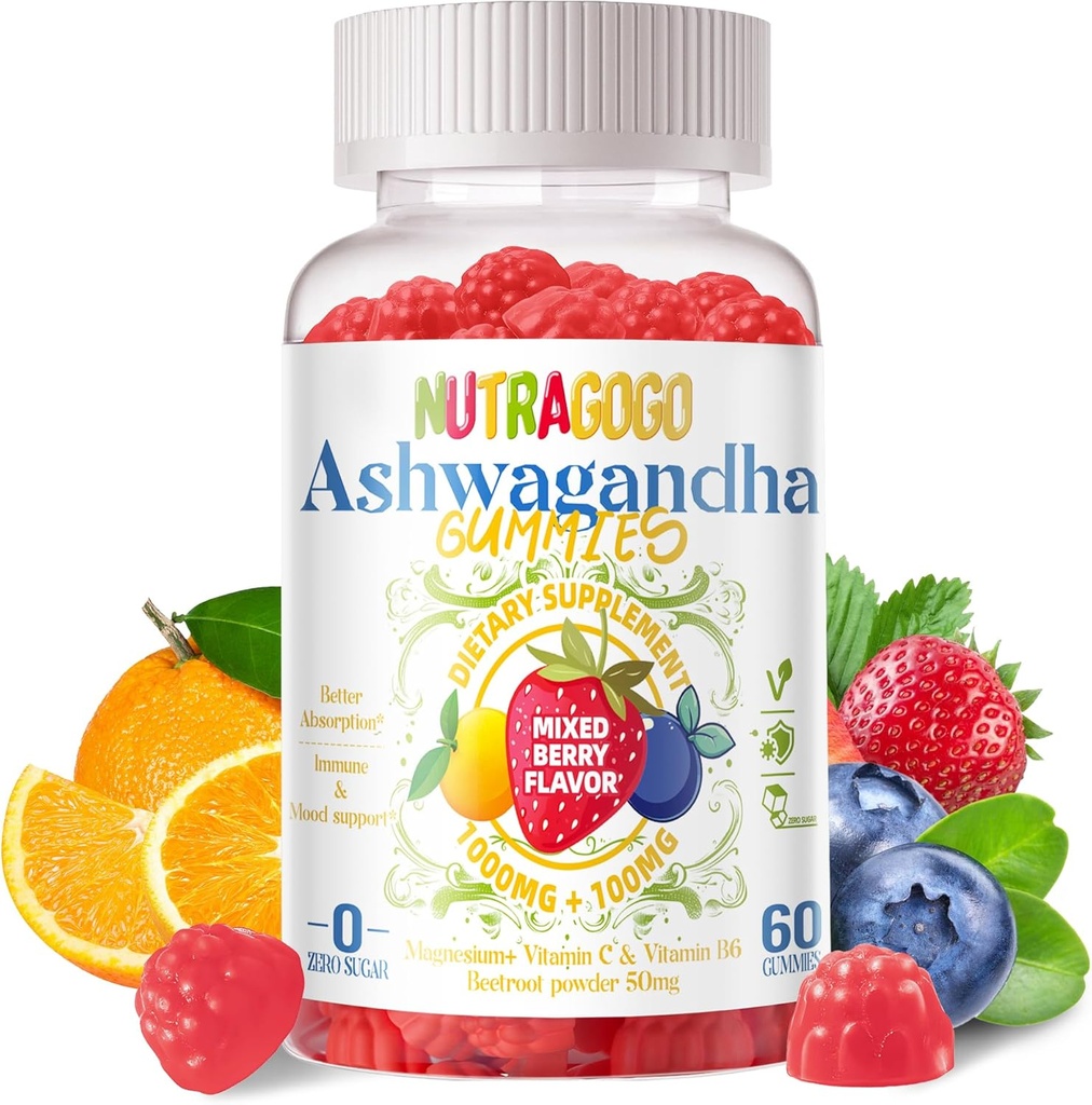 Ashwagandha Gummies & Vitamin D3 Gummies 60 Kont - Organik Aswangdha Supplement for improve Sleep, Stress Relief & Mood Calm (Mixed Berry, Vegan, Plant Based,Gluten-Free & Gelatin Free)-1pack